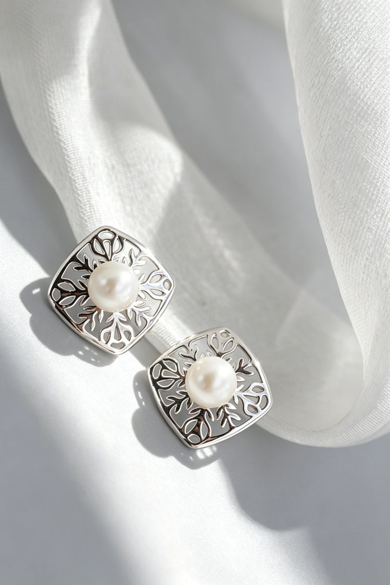 Minimalist Nature-inspired S925 Sterling Silver Stud Earring Inlaid Natural Freshwater Pearl Square Hollow Branch Earring Jewelr
