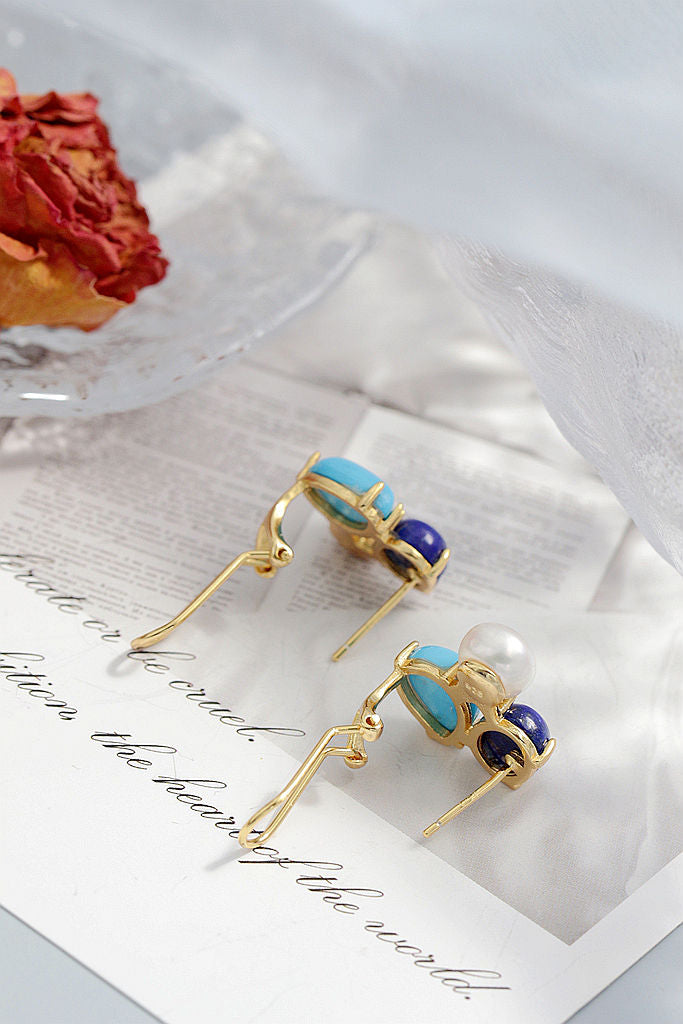 Authentic 925 Sterling Silver Earring Inlaid Natural lapis lazuli Freshwater Pearl Fashion Creative 18K Gold-Plated Earring Gift