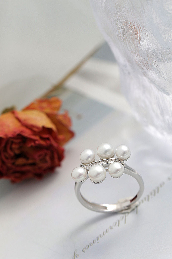 Open Design 925 Sterling Silver Ring Handmade Inlaid Natural Freshwater Pearl Elegant Fashion Ladie Ring Versatile Jewelry Gift