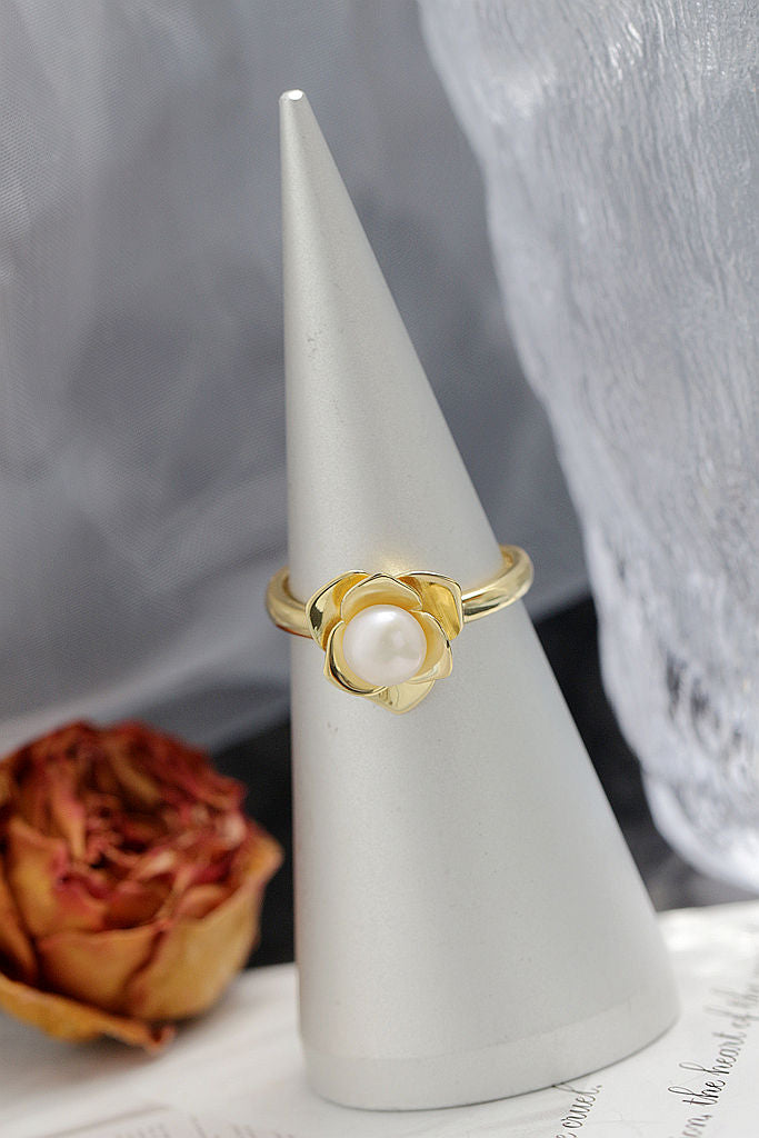 Elegant Fashion Ladie 925 Sterling Silver Ring Inlaid Natural Freshwater Pearl 18K Gold Plated Stereoscopic Flower Ring Opening