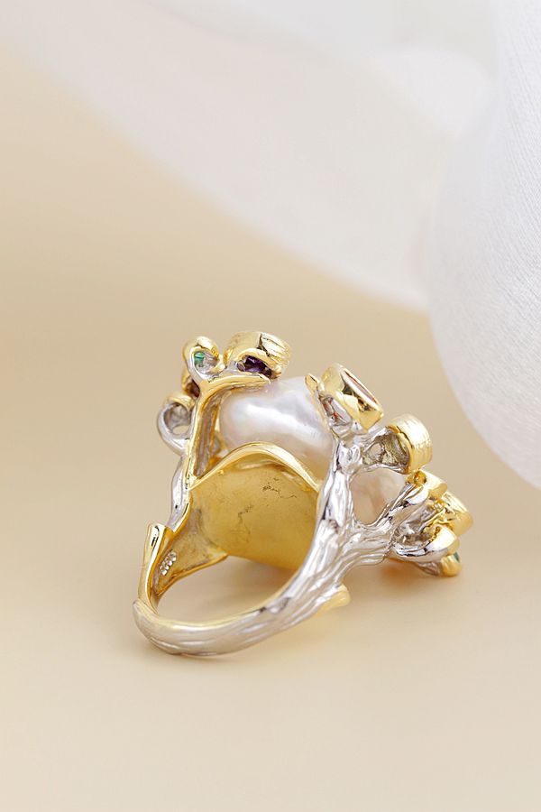 Authentic 925 Sterling Silver Ring Inlaid Natural Baroque Pearl 18K Gold Plated Ring Lady Fashion High Quality Jewelry Gift