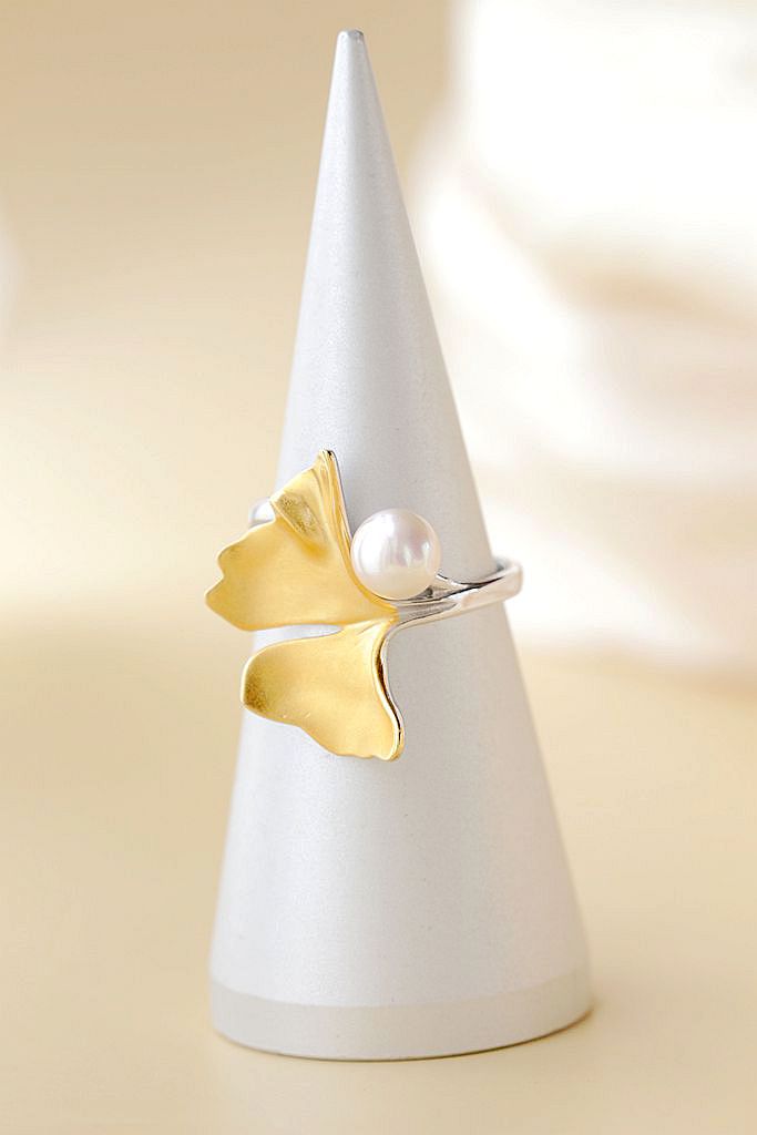 925 Sterling Silver Ring Fashion 18K Gold Plated Gingko Leaf Open Adjustable Ring