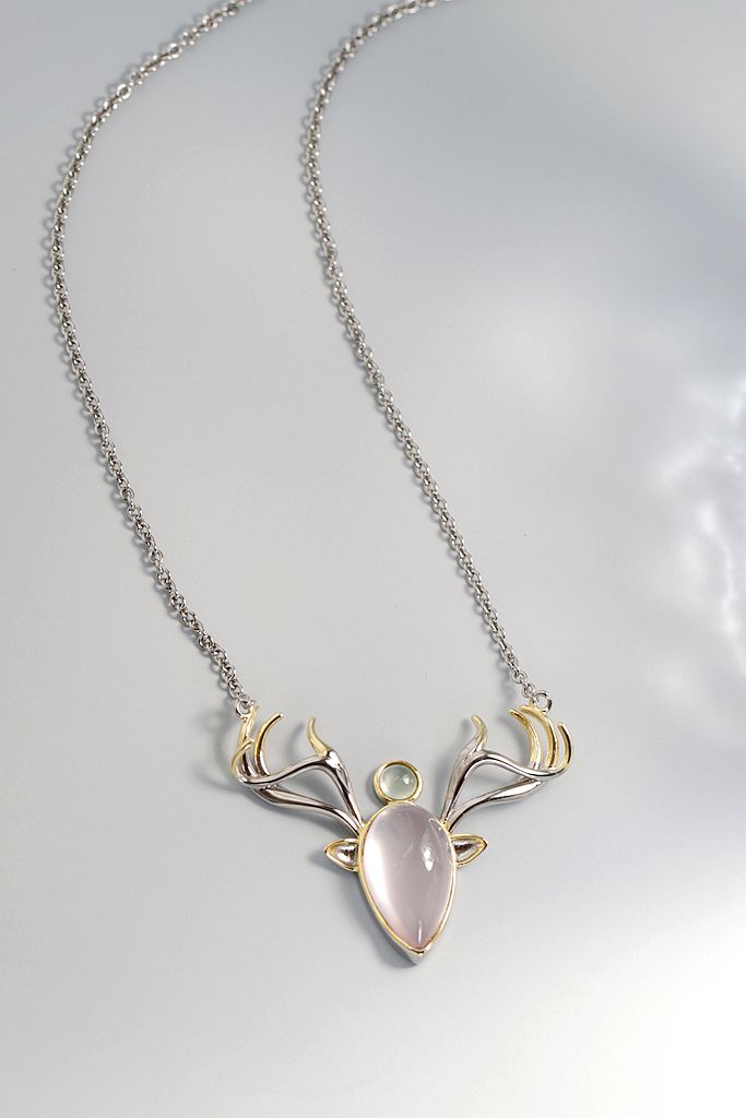 925 Sterling Silver Pendant Inlaid Natural Rose Quartz And Prehnite Fashion Creative elk Silver Necklace