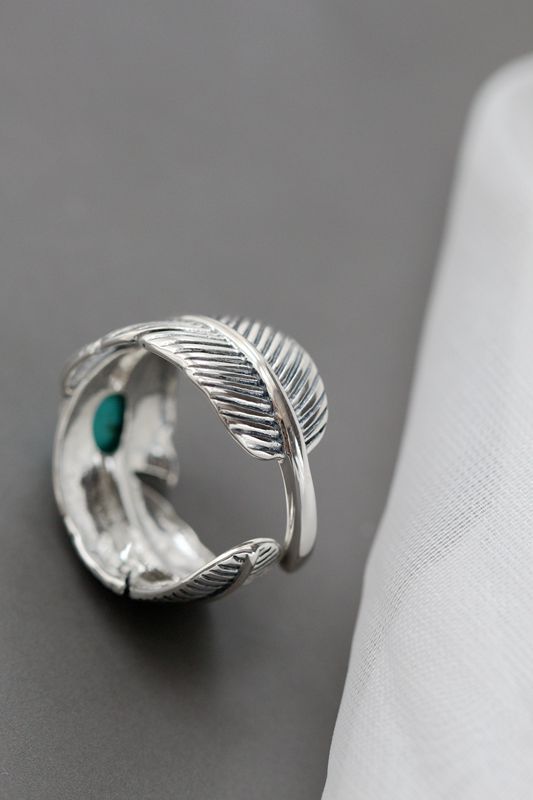 925 Sterling Silver Rings Feather Inlaid Natural Turquoise Fashion Jewelry Gifts Adjustable Size Retro Women Open Ring