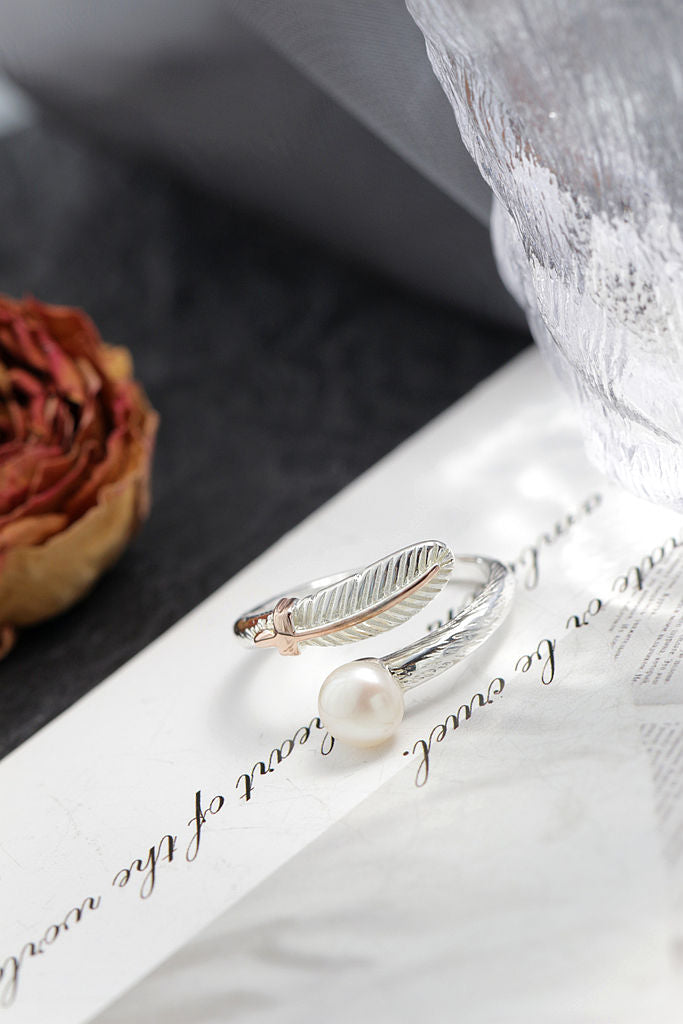 Elegant Beautiful Feather 925 Sterling Silver Ring Inlaid Natural Freshwater Pearl Opening Rings Women Fashion Jewelry Gifts