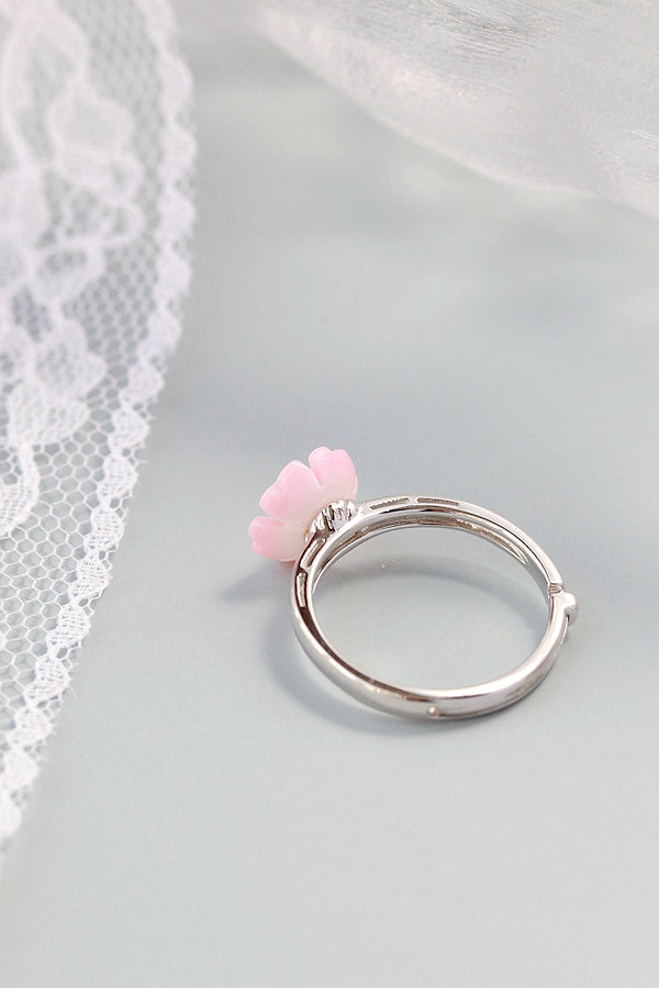 925 Sterling Silver Fine Jewelry Natural Freshwater Pearl Pink Shell Little Flower Fashion Women Opening Adjustable Ring