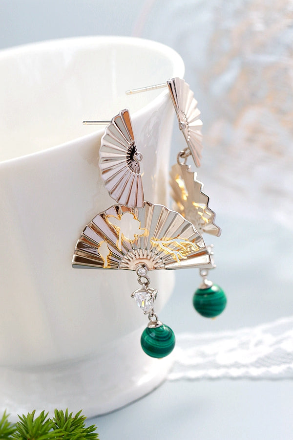 925 Sterling Silver Earring Inlaid Natural Malachite Retro National Style Antique Silver Lady Earring