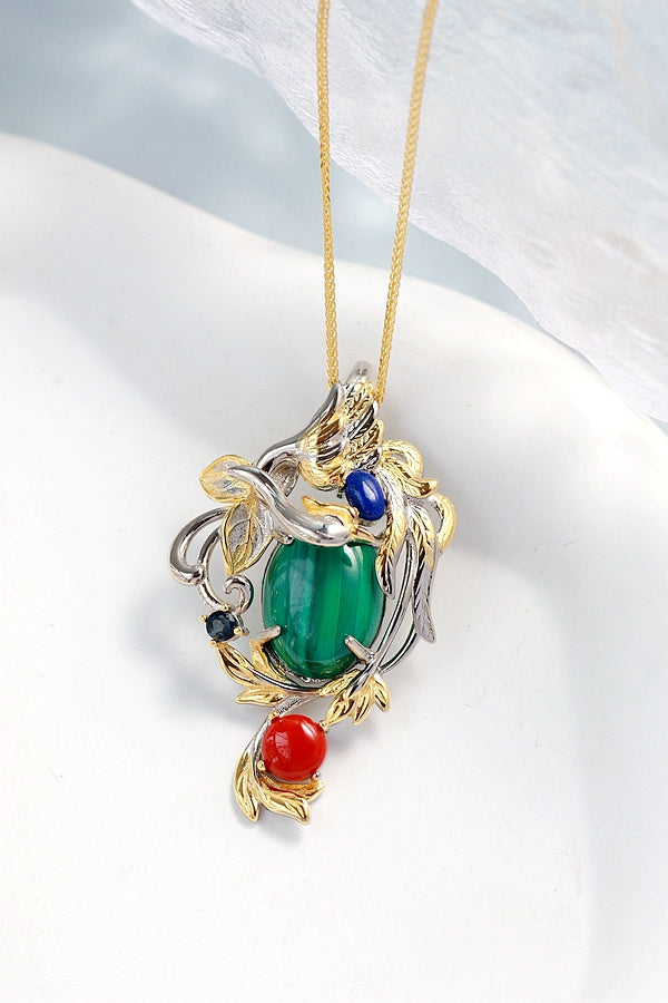 925 Sterling Silver Pendant Inlaid Natural Malachite Lapis South Red Agate Trendy Creative Pendant