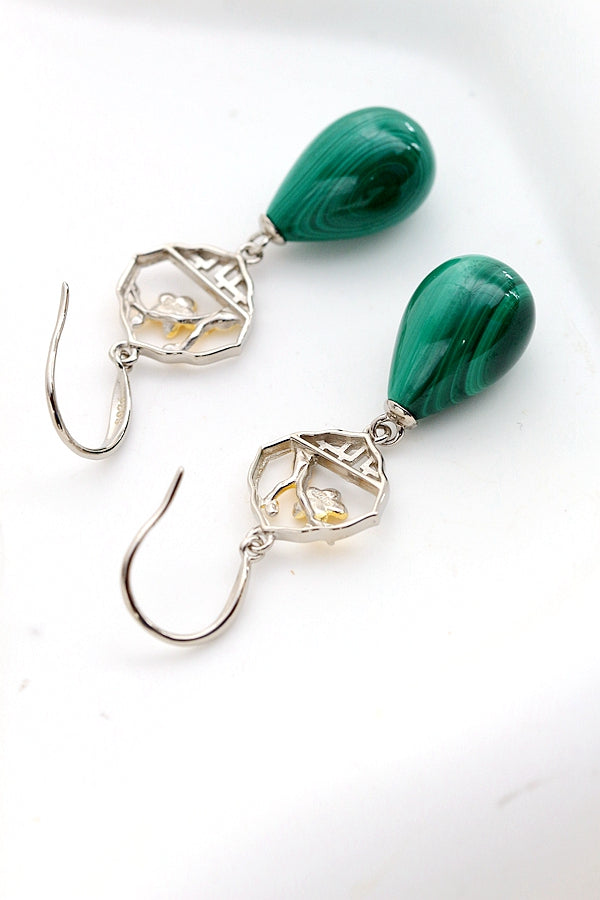 Authentic 925 Sterling Silver Earring Ethnic Retro Inlaid Natural Malachite Water Droplet Earing Lady Trendy Style Jewelry Gift