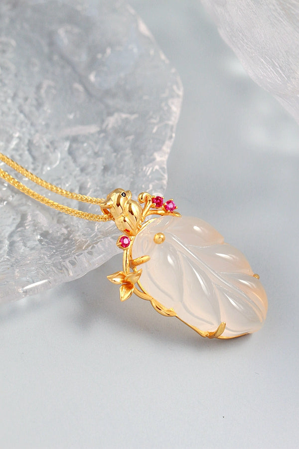 925 Sterling Silver Inlaid Natural Chalcedony Tree Leaf National Style Gold Plated Pendant