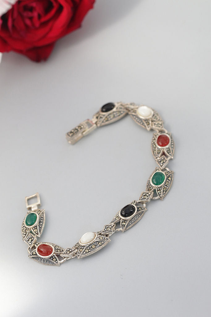 Exquisite 925 Sterling Silver Bracelet Retro Style Thai Silver Inlaid Natural Agate Shellfish Bracelet Women Fine Jewelry Gift