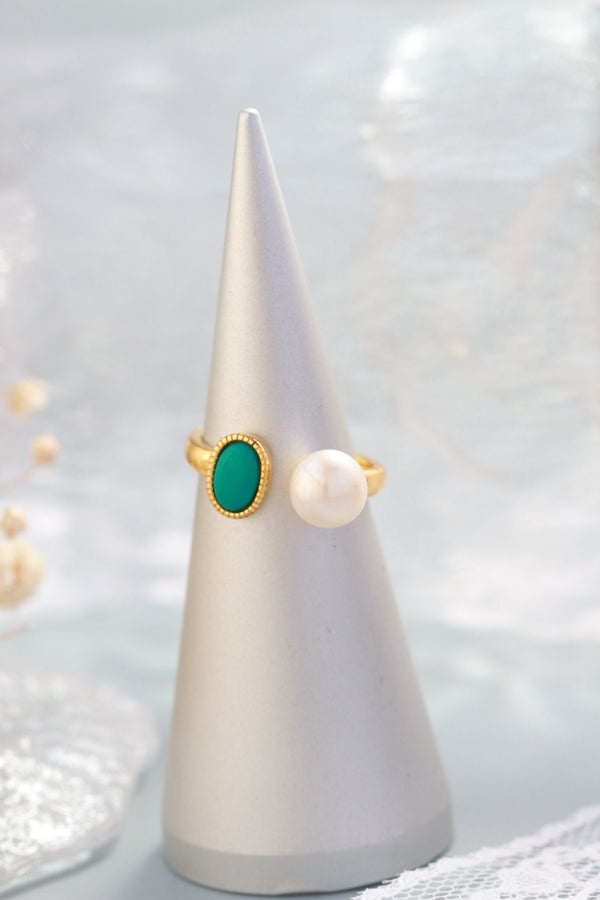 Elegance Women 925 Sterling Silver Ring Inlaid Natural Freshwater Pearl Synthetic Turquoise Trendy 18K Gold Plated Open Rings