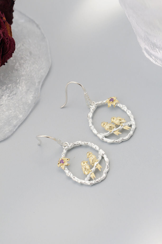 Elegance Delicate 925 Sterling Silver Earrings Inlaid Amethyst Birds Perched Earring Women Fashion Style Jewelry Gift