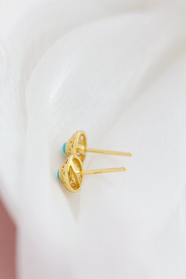 Authentic 925 Sterling Silver Earstuds Lady Retro Style Charm Natural Turquoise 18K Gold Plated Earring Trendy Jewelry Gift