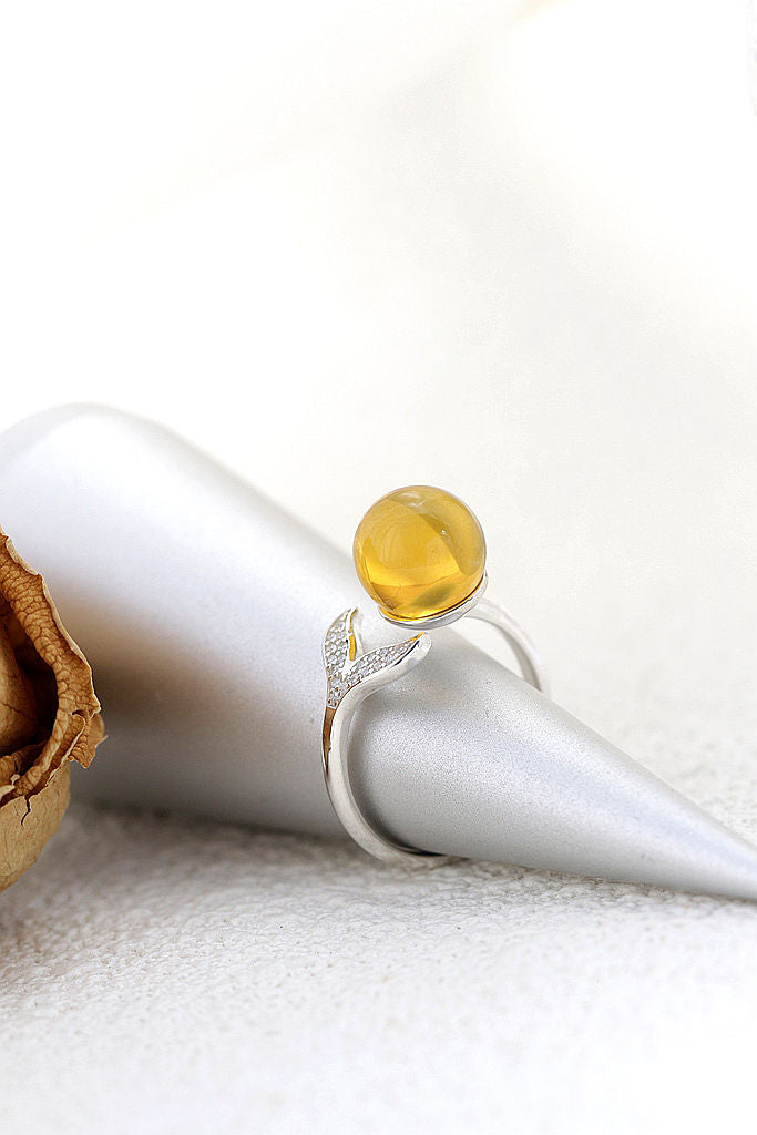 Handmade Inlaid Natural Amber Rings Women Fashion Jewelry Gifts Fish Tail Opening Adjustable Size 925 Sterling Silver Ring