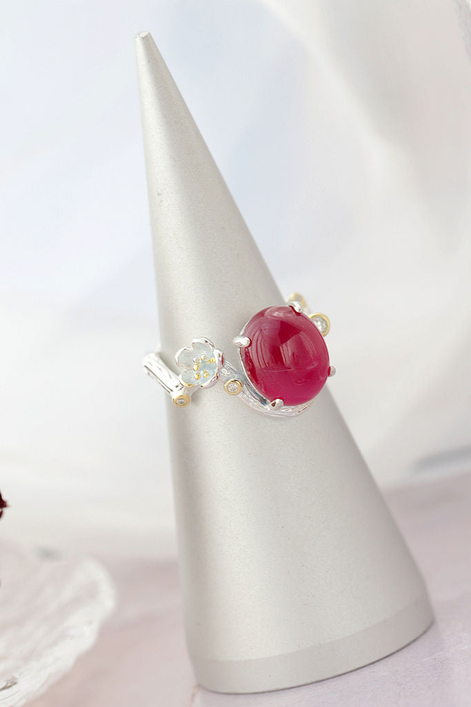 Vintage Elegant Style 925 Sterling Silver Rings Inlaid Artificial Ruby Creative Flower Opening Adjustable Ring Jewelry Gift