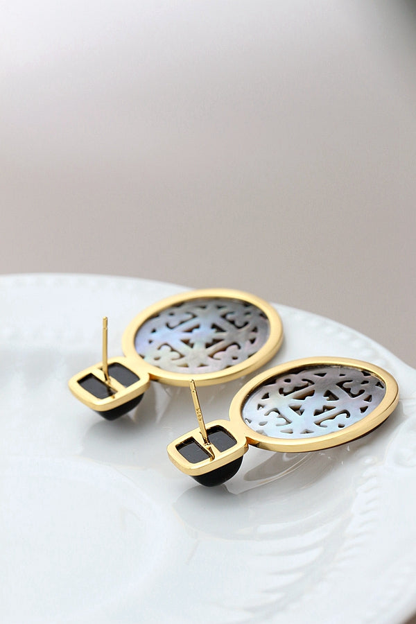 Natural Pearl Shellfish 18K Gold Plated Earring Inlaid Black Agate 925 Sterling Silver Earrings Female Fashion Fine Jewelry Gift