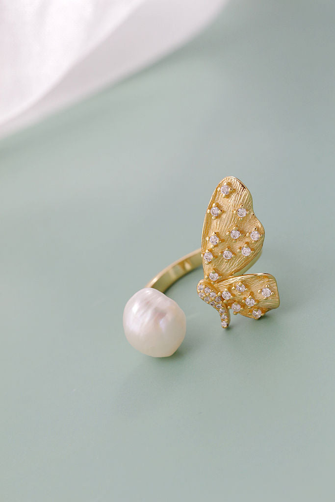 Elegant and Minimalist 18K Gold Plated Butterfly Open-Front Ring Inlaid Natural Baroque Pearl 925 Sterling Silver Rings Jewelry