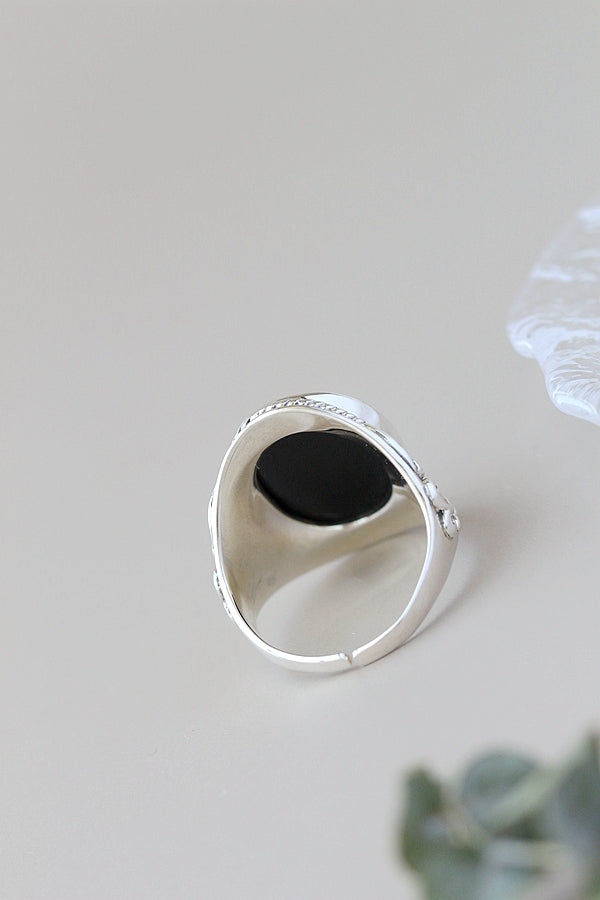 Classical Elegance Retro Patterns 925 Sterling Silver Opening Ring Inlaid Natural Black Agate Rings Delicate Trendy Jewelry Gift
