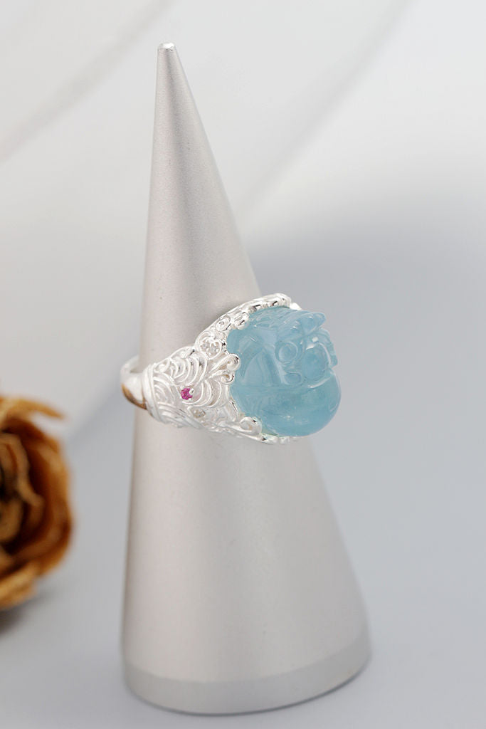 Authentic 925 Sterling Silver Retro Style Ring Inlaid Natural Aquamarine Carved Into The Image of Pi Xiu From Chinese Mythology