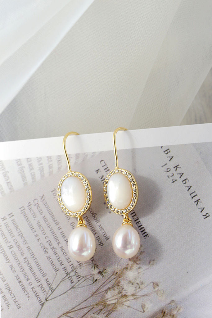 Inlaid Natural Freshwater Pearl 925 Sterling Silver Earring Simple Versatile 18K Gold Plated White Shell Inlay Earring Jewelry