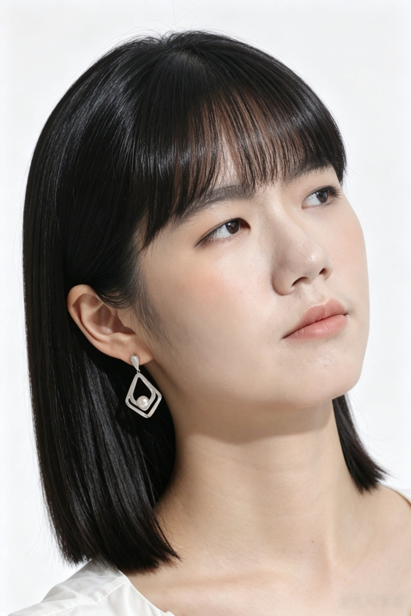 Minimalist Double Layer Rhombus 925 Sterling Silver Geometric Drop Earring Natural Pearl Hand Brushed Matte Silver Earring Gift