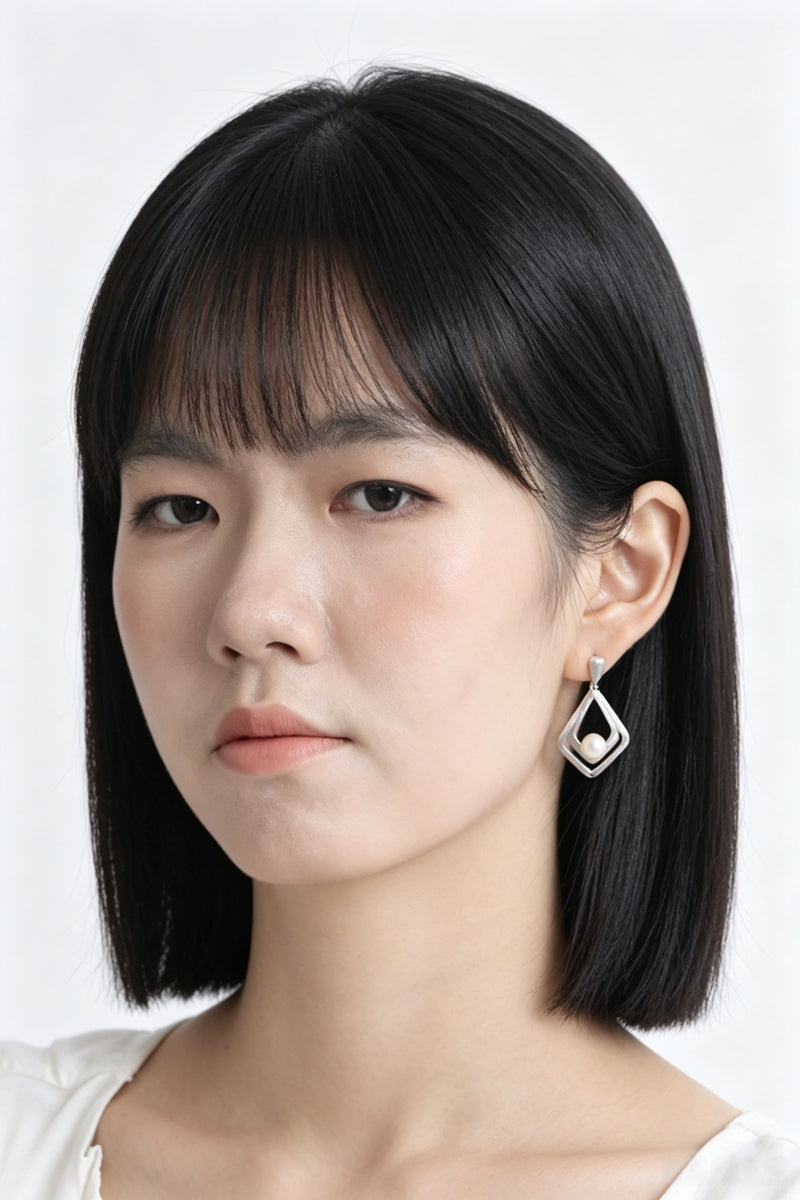 Minimalist Double Layer Rhombus 925 Sterling Silver Geometric Drop Earring Natural Pearl Hand Brushed Matte Silver Earring Gift