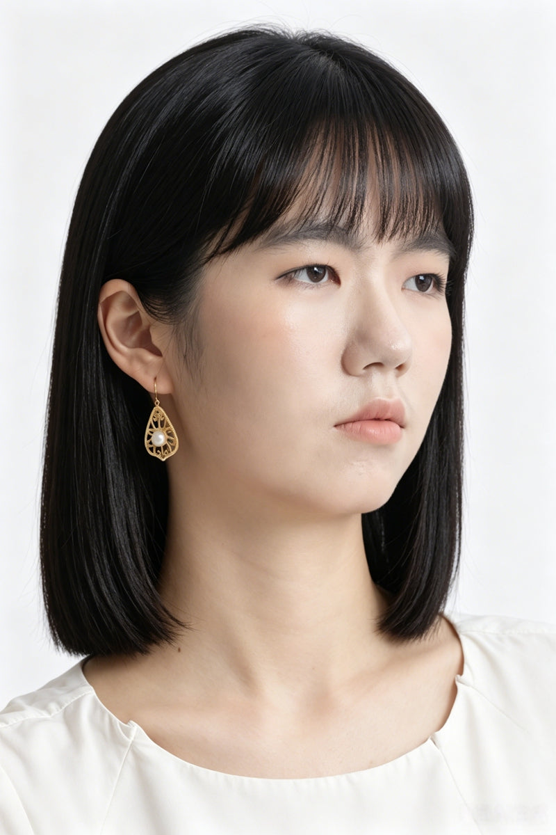 925 Sterling Silver Retro Filigree Scroll Teardrop Earrings Natural Freshwater Pearl 24K Gold Plated Earring Daily Wear Jewelry