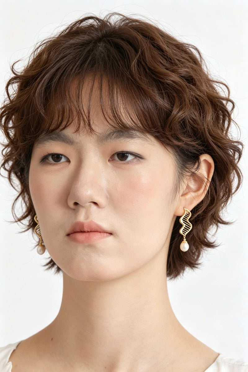 Creative Wave Line Hollow Natural Pearl 925 Sterling Silver Earrings 24K Gold Plated Fashion Dangle Earring Everyday Jewelry