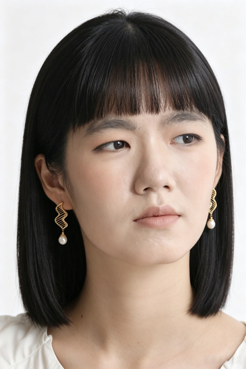 Creative Wave Line Hollow Natural Pearl 925 Sterling Silver Earrings 24K Gold Plated Fashion Dangle Earring Everyday Jewelry
