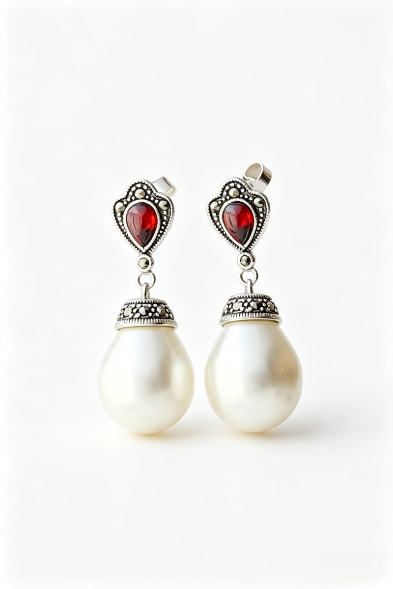 Authentic 925 Sterling Silver Lady Retro Charm Inlaid Trendy Style Imitation Pearl and Red Zircon Earring Jewelry Gift