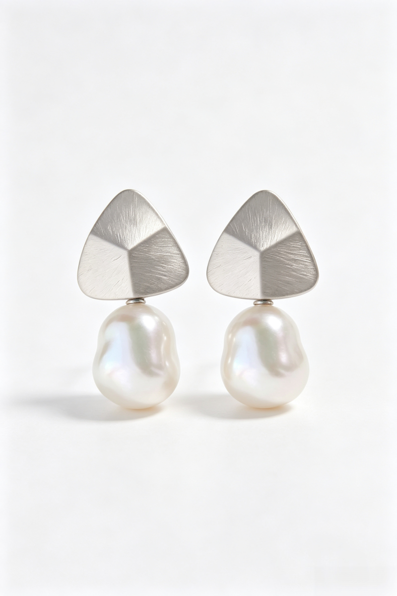 Geometric Design Triangle Earrings Inlaid Natural Baroque Pearl Creative 925 Sterling Silver Matte Finish Earring Fine Jewelry