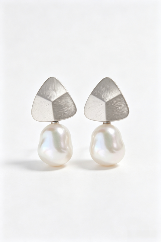 Geometric Design Triangle Earrings Inlaid Natural Baroque Pearl Creative 925 Sterling Silver Matte Finish Earring Fine Jewelry