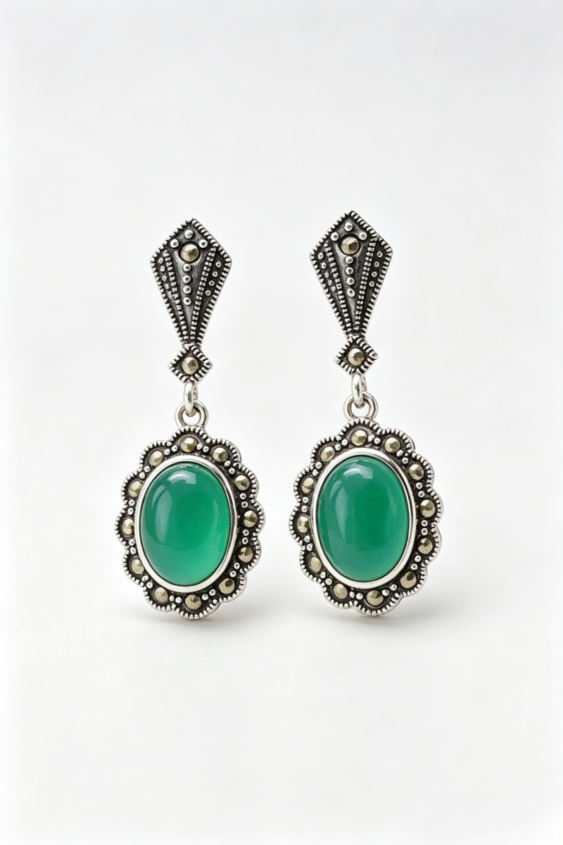 Vintage 925 Sterling Silver Earrings Retro Style Thai Silver Inlaid Natural Green Agate Earring Women Fine Jewelry Gift