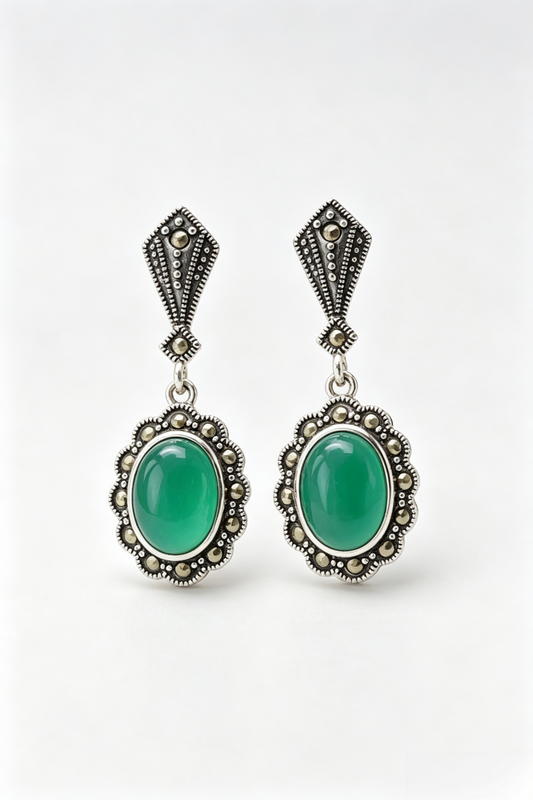 Vintage 925 Sterling Silver Earrings Retro Style Thai Silver Inlaid Natural Green Agate Earring Women Fine Jewelry Gift