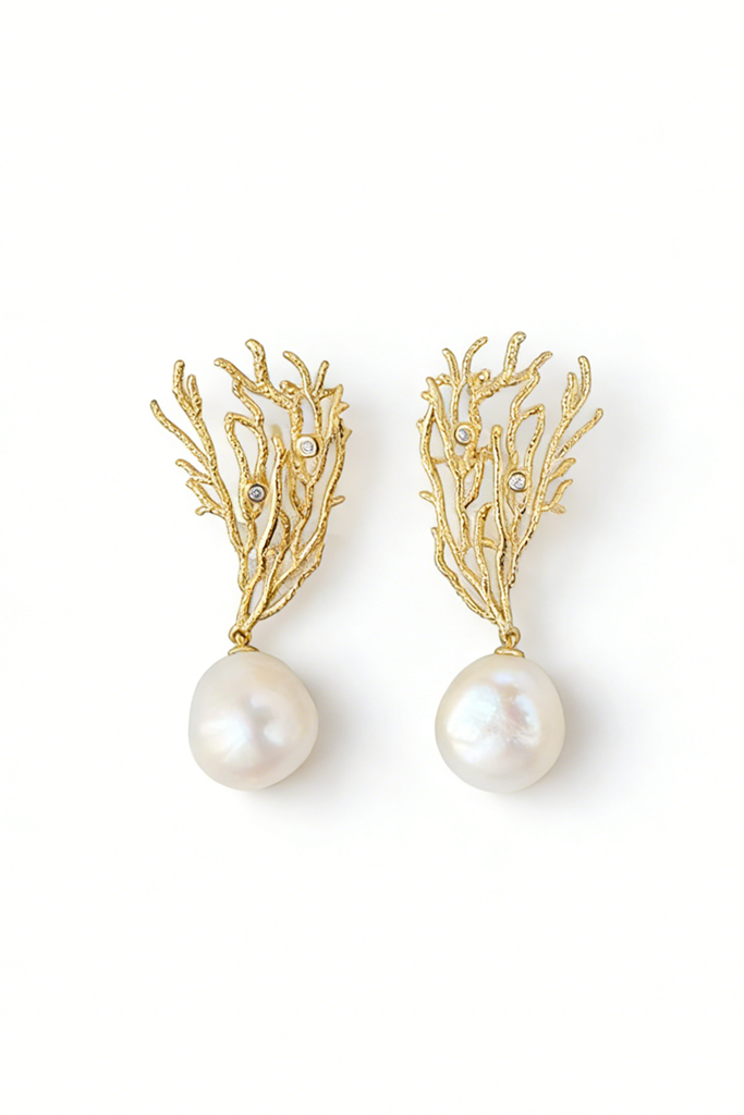 18K Gold Plated Coral Pattern Earring Inlaid Natural Baroque Freshwater Pearl Fashion Creative 925 Sterling Silver Earrings