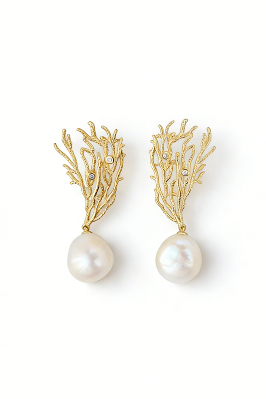 18K Gold Plated Coral Pattern Earring Inlaid Natural Baroque Freshwater Pearl Fashion Creative 925 Sterling Silver Earrings