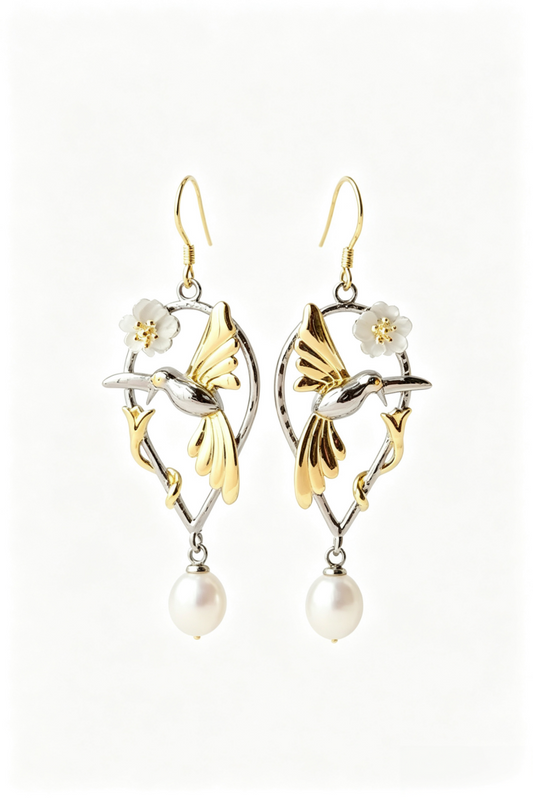 Artistic Vintage Design 925 Sterling Silver Hummingbird & Flower Earring Inlaid Natural Freshwater Pearl Earring  Jewelry Gift