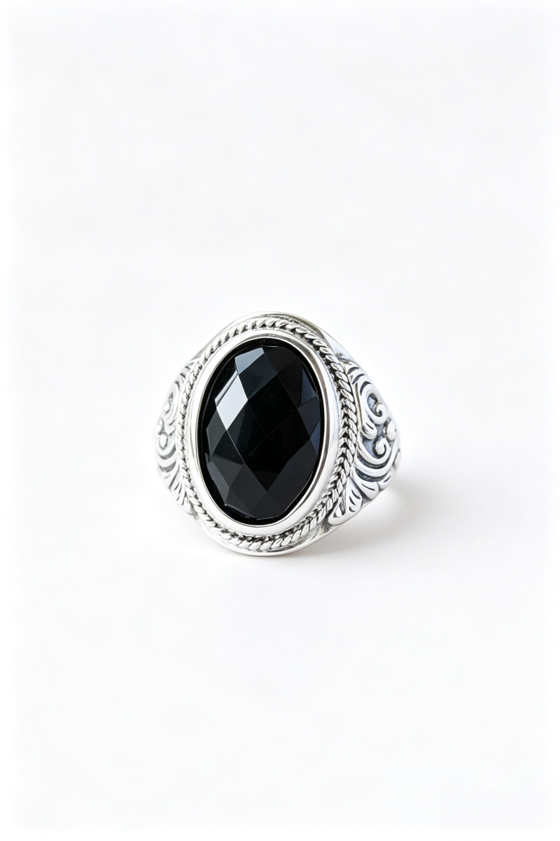 Classical Elegance Retro Patterns 925 Sterling Silver Opening Ring Inlaid Natural Black Agate Rings Delicate Trendy Jewelry Gift