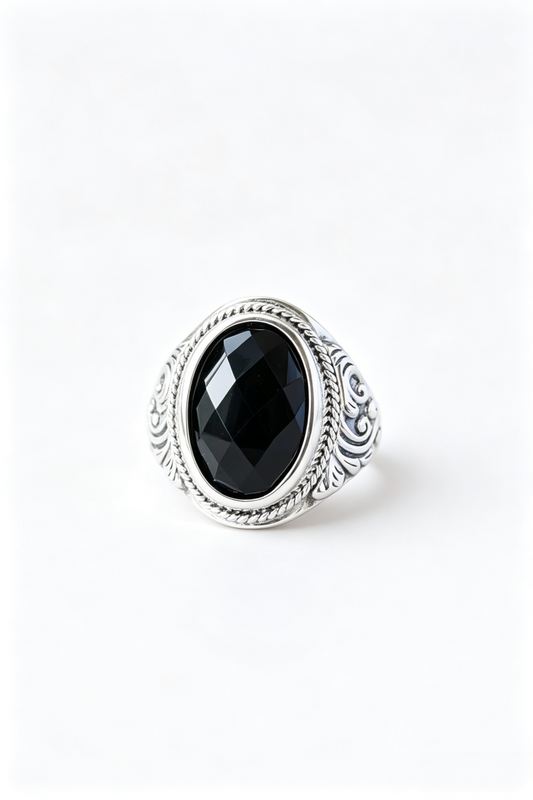 Classical Elegance Retro Patterns 925 Sterling Silver Opening Ring Inlaid Natural Black Agate Rings Delicate Trendy Jewelry Gift