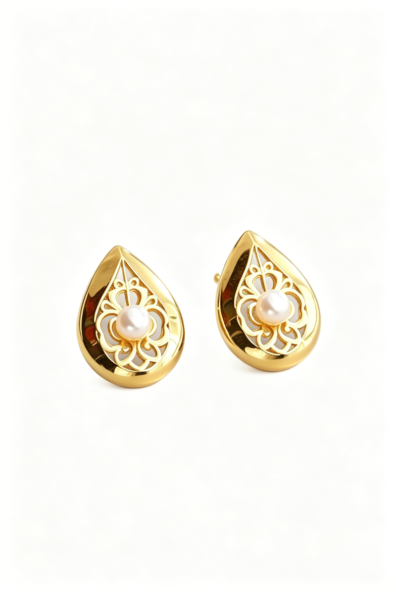 S925 Sterling Silver Earring Inlaid Natural Freshwater Pearl Teardrop Vintage Lace Stud 24K Gold Plated Earrings Jewelry Gift