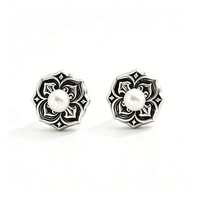 Fashion 925 Sterling Silver Vintage Oxidized Mandala Flower Stud Earrings Natural Pearl Ethnic Bohemian Jewelry Gift for Women