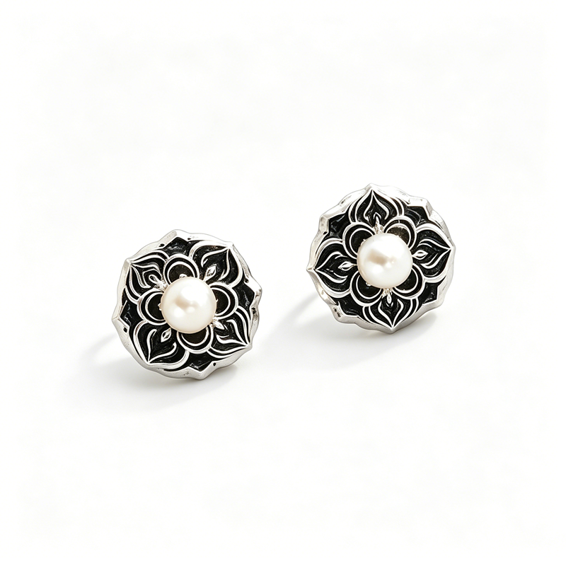 Fashion 925 Sterling Silver Vintage Oxidized Mandala Flower Stud Earrings Natural Pearl Ethnic Bohemian Jewelry Gift for Women