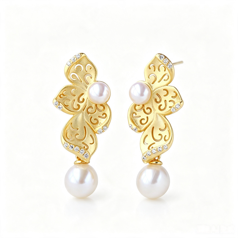 Vintage Floral 925 Sterling Silver Earring Inlaid Natural Freshwater Pearl Fashion 18K Gold Plated Earring Female Jewelry Gift