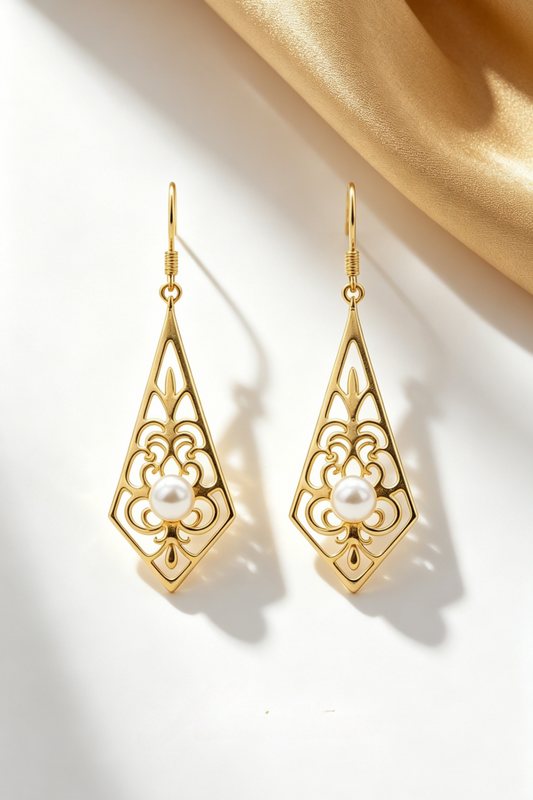 925 Sterling Silver Earrings Natural Pearl Vintage Filigree Rhombus Drop Dangle 24K Gold Plated Earrings Face Slimming for Women