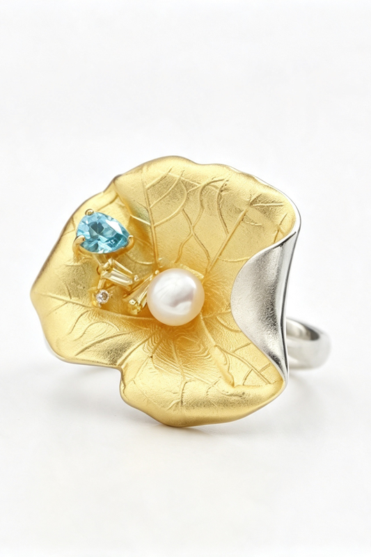 Vintage Floral 925 Sterling Silver Rings Inlaid Natural Freshwater Pearl Delicate Flower Opening Adjustable 18K Gold Plated Ring