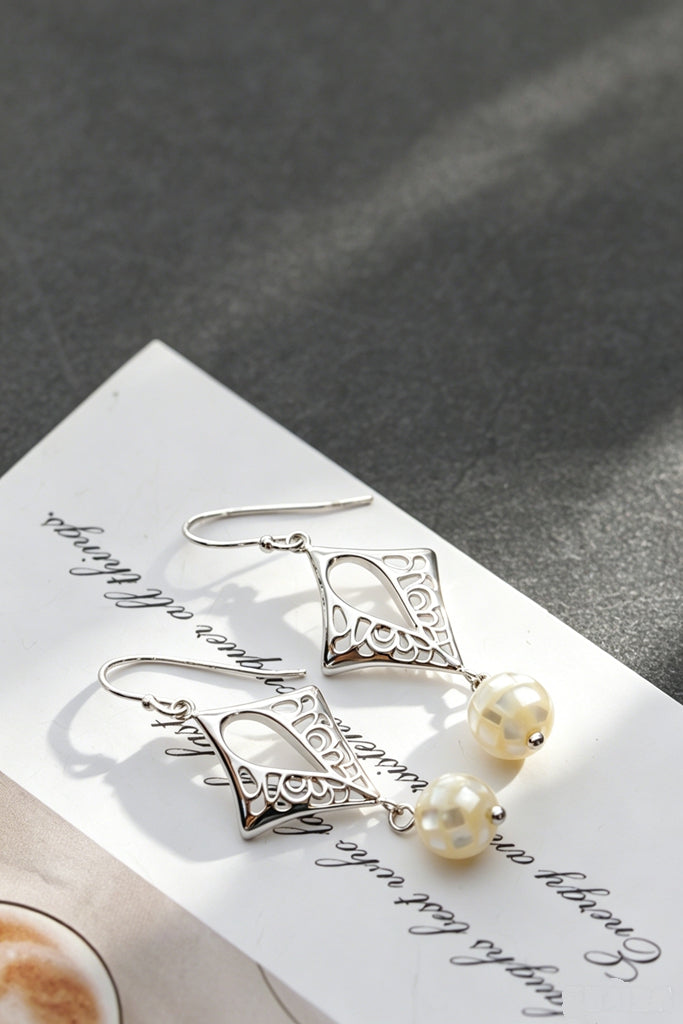 Vintage Hollow Rhombus Lace S925 Sterling Silver Earrings Natural White Shell Bead Drop Earring Fashion Jewelry Gift For Women