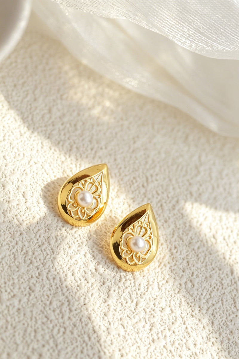 S925 Sterling Silver Earring Inlaid Natural Freshwater Pearl Teardrop Vintage Lace Stud 24K Gold Plated Earrings Jewelry Gift