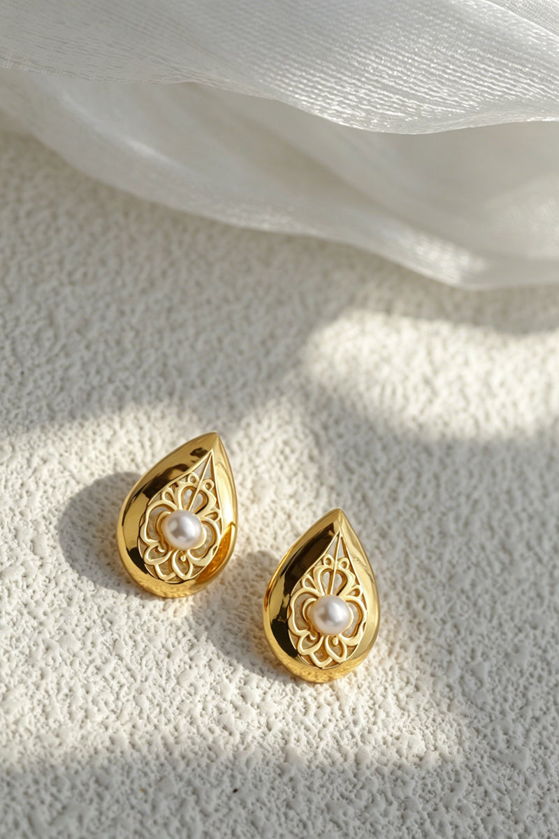 S925 Sterling Silver Earring Inlaid Natural Freshwater Pearl Teardrop Vintage Lace Stud 24K Gold Plated Earrings Jewelry Gift
