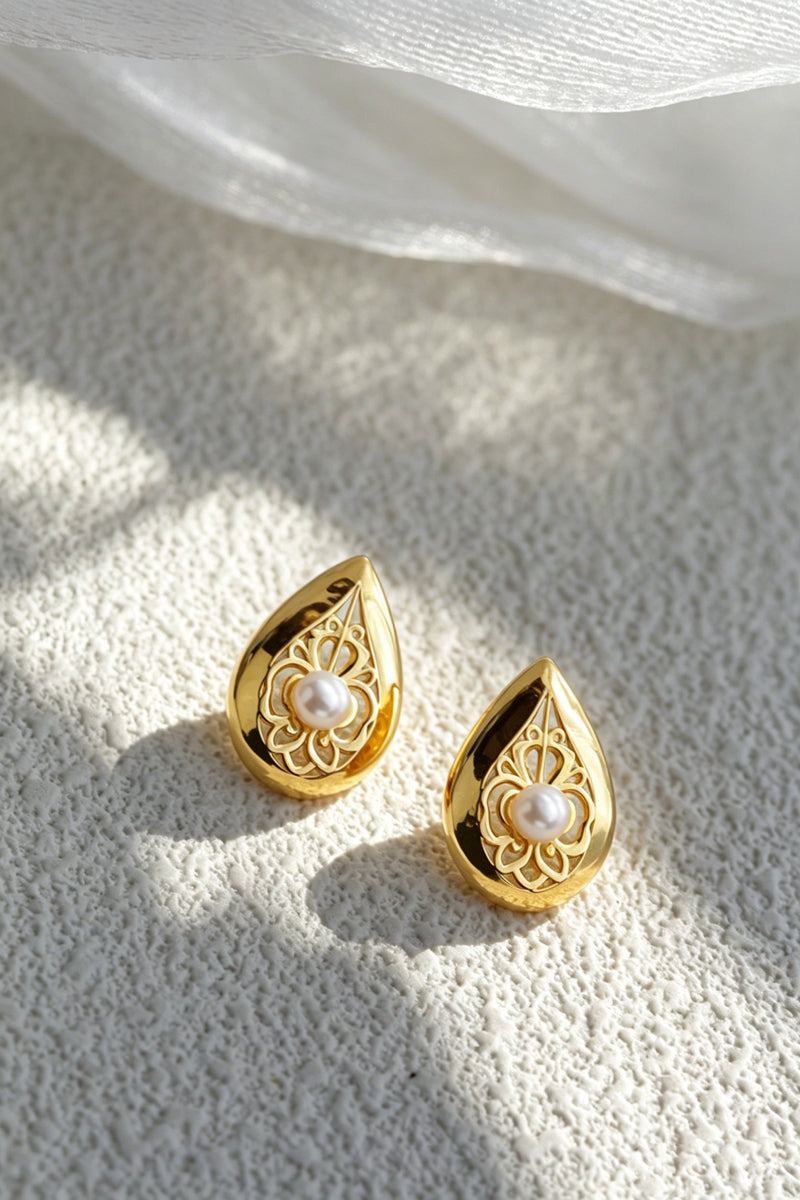 S925 Sterling Silver Earring Inlaid Natural Freshwater Pearl Teardrop Vintage Lace Stud 24K Gold Plated Earrings Jewelry Gift